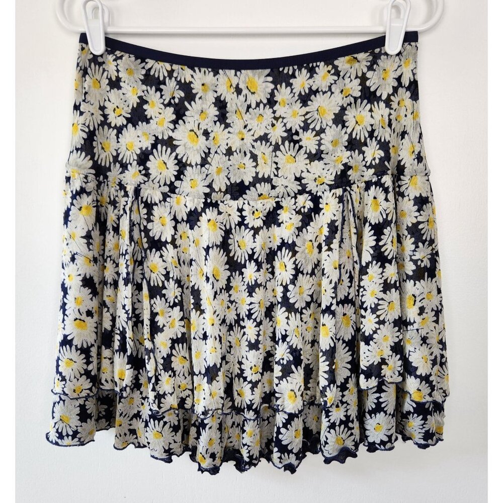 Diane Von Furstenberg 100% Silk Pull On Mini Skirt, Navy W White Daisies, Size 6